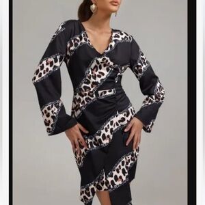 Elegant Black and Leopard Print Long Sleeve Dress